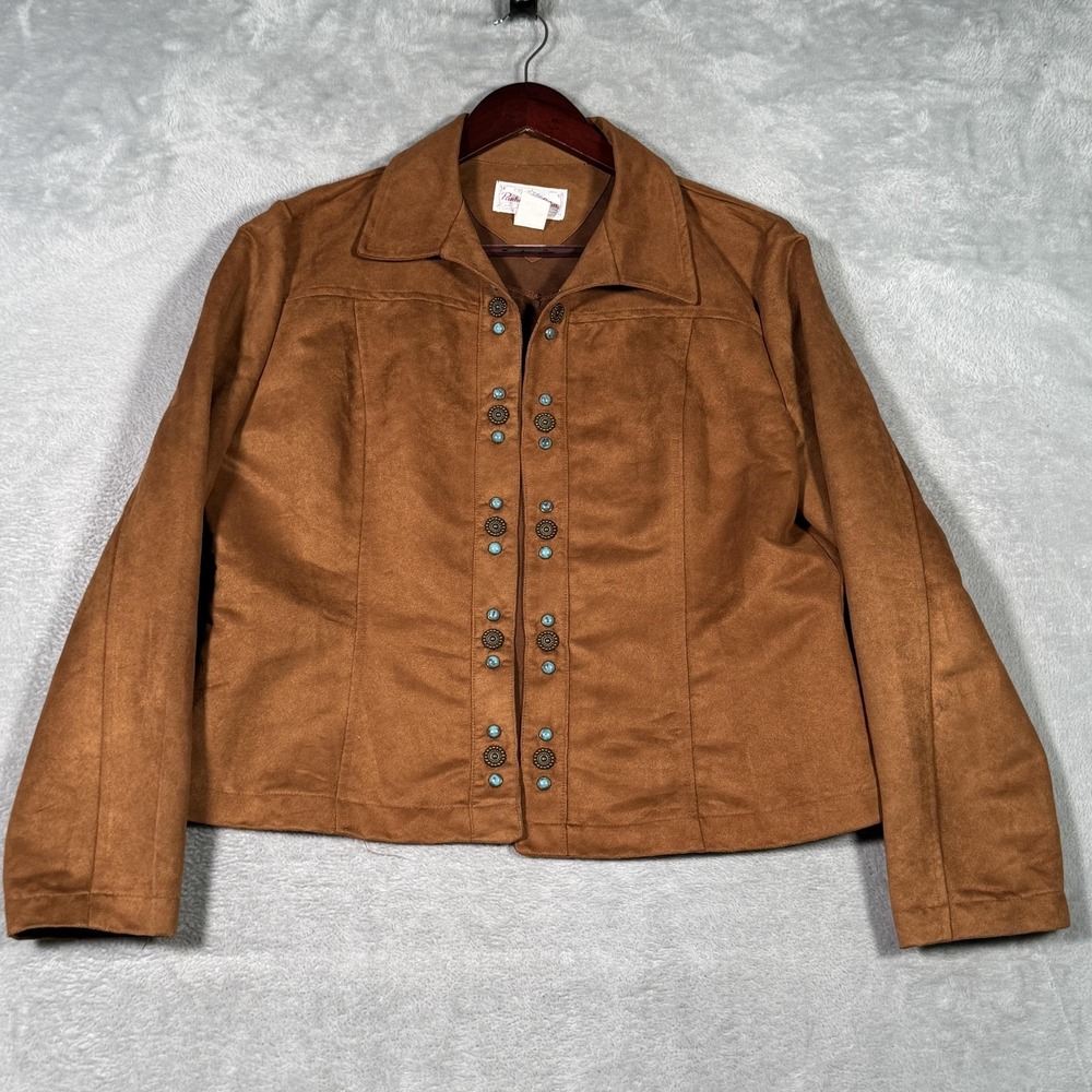 Panhandle Slim‎ Jacket Womens L Brown Western Faux Suede Turquoise Concho Open